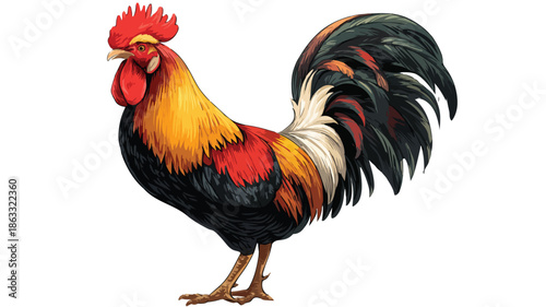 Colorful Rooster Crowing Cartoon on White Background Vector - Outlined Illustration