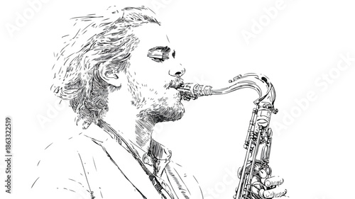 Young Man Playing Saxophone Vector Outline Isolated White Background