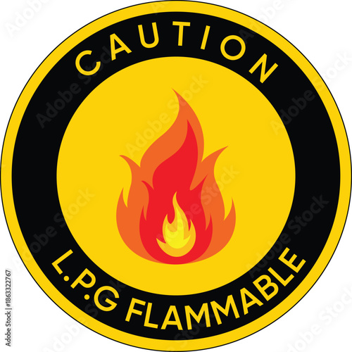 Caution L.P.G Flammable Warning Sign, Circular Gas Safety Label with Fire Flame Icon, Industrial Hazard Alert Sticker, Yellow and Black Vector Emblem for Fuel Storage Security