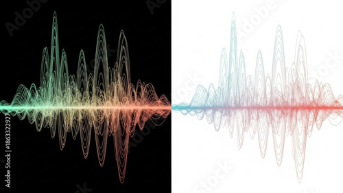 Vibrant sound wave patterns in colorful gradients on black and white