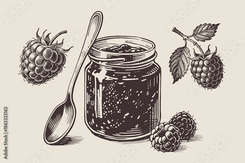 Raspberry jam jar with spoon, surrounded by ripe raspberries in vintage engraving style on beige background. Concept of homemade preserves