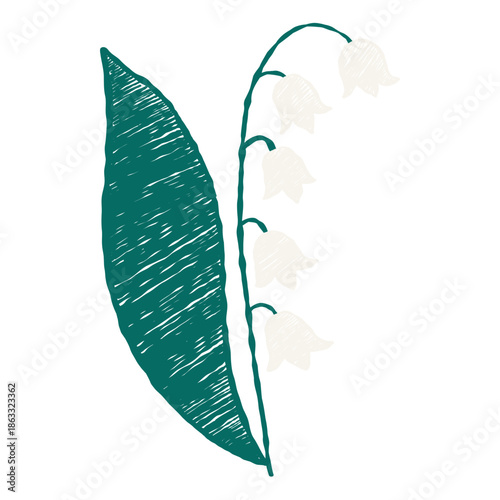 White lily of the Valley. May Spring Flower. Crayon Primitive Textured Hand-drawn