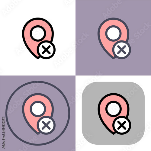This icon symbolizes the removal or cancellation of a location marker- ideal for navigation apps or maps. It is a simple yet effective visual representation of deleting a saved location.