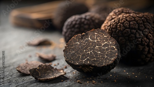 Extreme macro close up of fresh black truffle surface, rich dark brown texture with natural cracks, dramatic low key lighting,