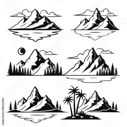 Tropical Coastal Scene Illustration in Black and White