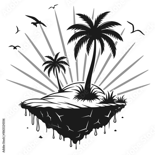 Tropical Island Line Art with Palm Tree, Chair and Sailboat