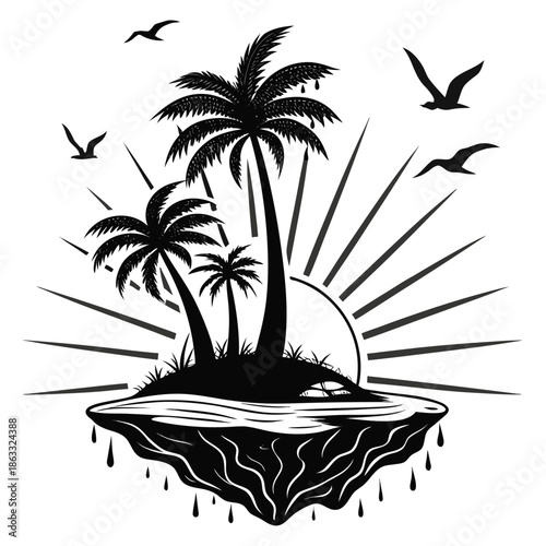 Tropical Island Line Art with Palm Tree, Chair and Sailboat