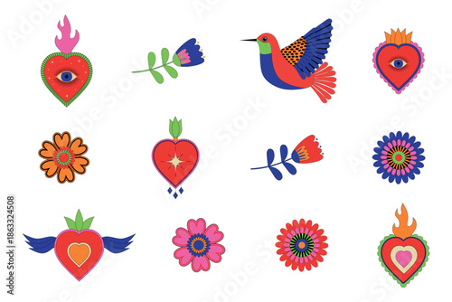 A set of Mexican sacred hearts, flowers, and birds. Mexican ethnic motifs for holiday decorations. Vector illustration for posters, banners, stickers, invitations, and cards.