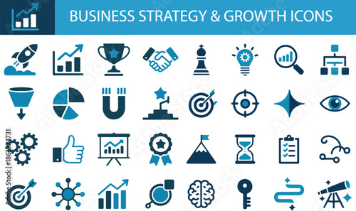 Business strategy and growth icon set. Containing rocket launch, growth graphs, trophy awards, handshake deals, chess pawns, lightbulb ideas, and target goals.
