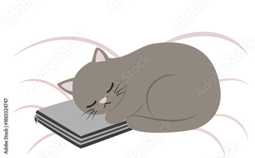 Cat sleeping on laptop on bed – cozy digital detox illustration