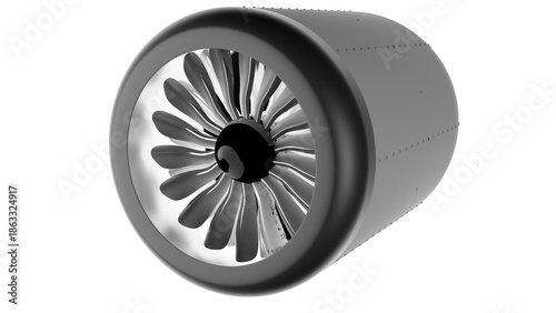 A black and white model of an aircraft jet engine with blades.