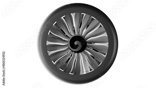 A black and white model of an aircraft jet engine with blades.