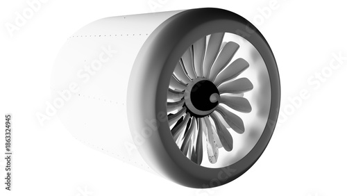 A black and white model of an aircraft jet engine with blades.
