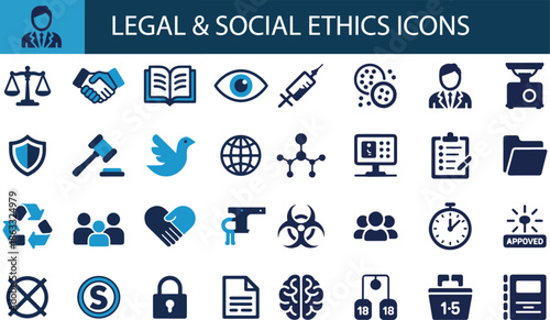 Legal and social ethics icon set. Containing scales of justice, gavage, handshakes, shields, law books, DNA evidence, ballot boxes, and equality symbols.