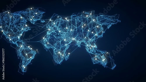 Abstract digital world map displaying connectivity and global network