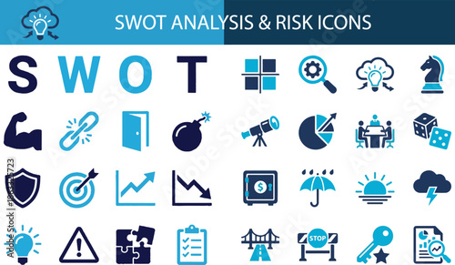 SWOT analysis and risk management icon set. Containing strength muscles, weakness broken links, opportunity open doors, threat bombs, chess strategy, and target goals.