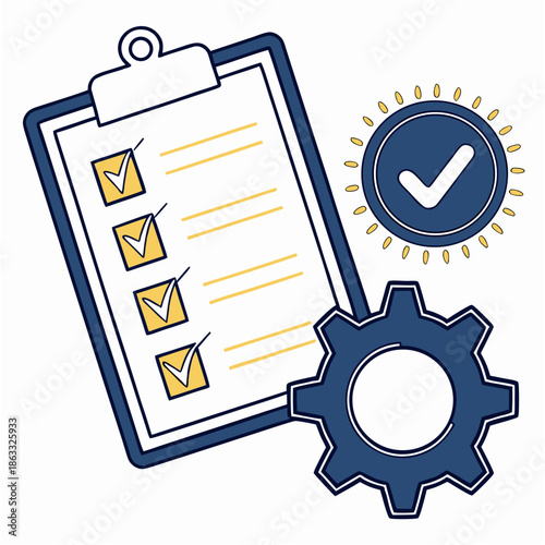 Task checklist completion with approval badge and gear. Business process management concept.