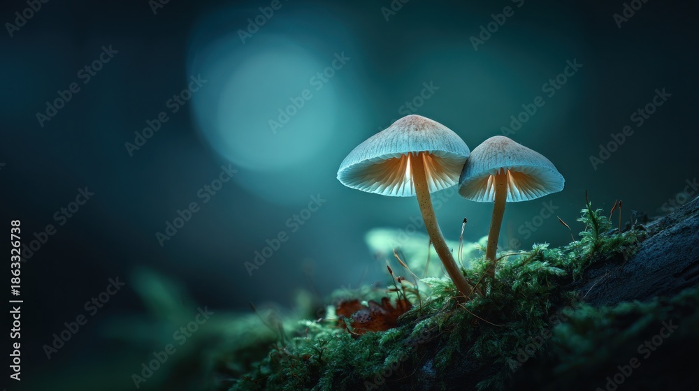 Fototapeta premium Two illuminated mushrooms growing on moss in a dim environment bokeh background