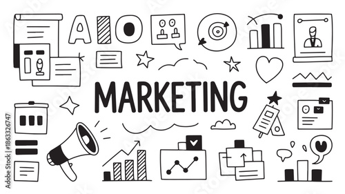 Marketing concept with hand drawn business elements for advertising and strategy doodle vector illustration