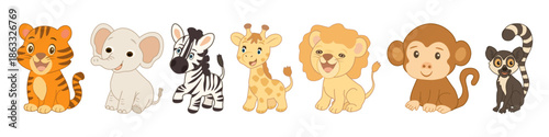 Vector set African animals featuring tiger, elephant zebra, giraffe, lion, monkey  lemur. Isolated background. For children’s designs, educational materials posters stickers wildlife themed projects