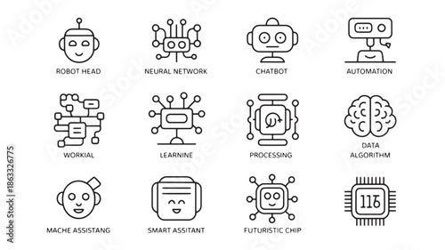 Artificial intelligence, robotics and automation technology icons for web and app ui line art vector set