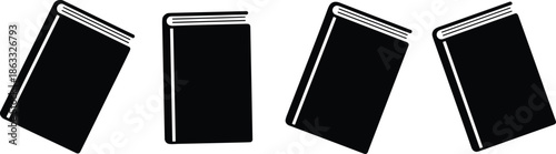 Minimal book and reading icon set in black silhouette style for education, library systems, learning platforms, and publishing design projects