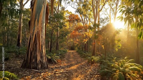 Eucalyptus forest path with golden light and autumn leaves