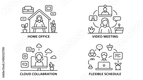 Remote work and flexible schedule concepts with home office, video meeting and cloud collaboration line art vector illustration