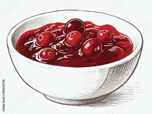 Bowl of cranberry sauce with whole berries in a hand-drawn sketch style on a white background, representing traditional holiday food