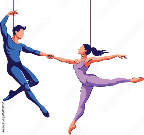 Aerial acrobat couple, man and woman performing dance, flying performance art, professional circus act, elegant body movement, fitness strength flexibility illustration