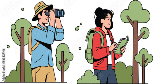 Adventure travelers birdwatching and exploring forest nature trail with binoculars and map, outdoor hiking, wildlife observation, eco tourism illustration