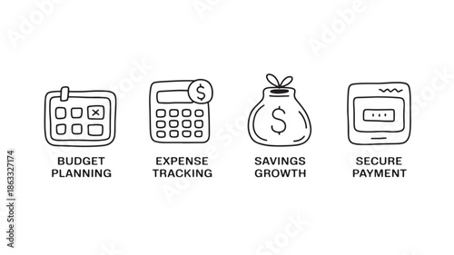 Budget planning and expense tracking, savings growth and secure payment icons for finance app ui, hand drawn line art