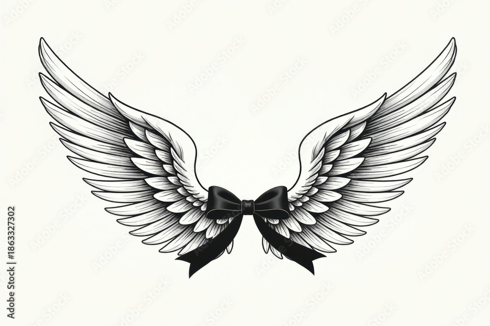 Obraz premium Funeral Condolence Illustration Mock Up with Black Ribbon and Angel Wings Mouring Symbols, Copy Space for text