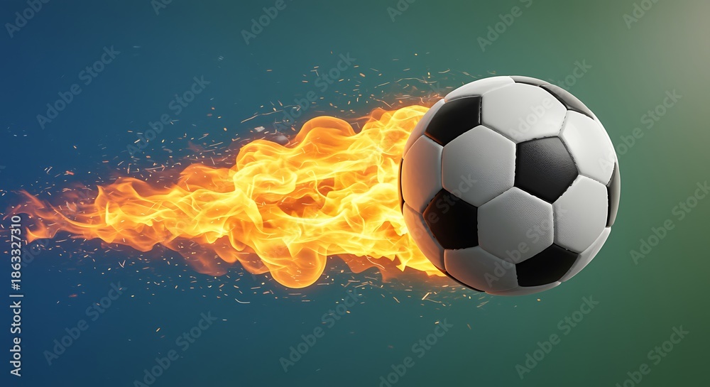 Naklejka premium Soccer ball with flames coming out of it on green blue background