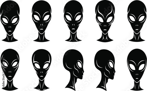 Alien head silhouette, extraterrestrial face vector, black and white sci-fi creature design, mysterious space being illustration, abstract otherworldly graphic art