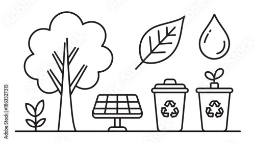 Environmental protection and sustainability symbols for ecology ui nature line art vector illustration