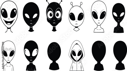 Alien head icons, black silhouettes, extraterrestrial faces, sci-fi illustration, vector design, abstract characters, fantasy theme, graphic concept, space beings, unique style