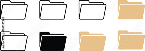 Minimal folder icon set in outline and filled styles for file management, document organization, storage systems, and modern user interface design