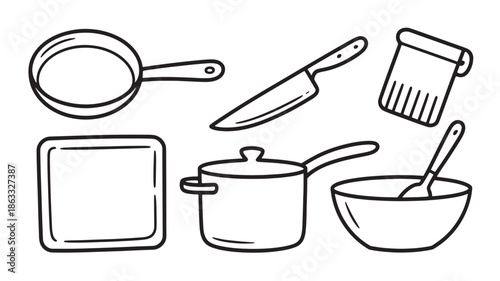 Cooking and kitchen utensils for food preparation app ui hand drawn line art vector icons