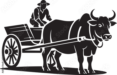 Black and white of a man driving a bullock cart with a child nearby