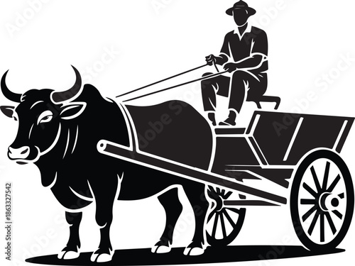 Black and white of a man riding a bull-drawn cart