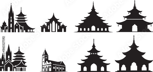 Black and white silhouette of various religious buildings and temples