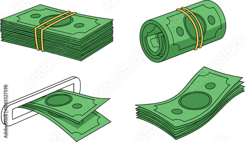 Set of Green Cash Banknotes and ATM Withdrawal Icons