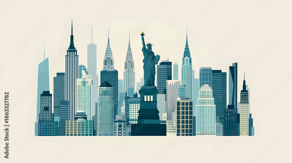 Obraz premium Iconic new york city skyline with statue of liberty in modern design for urban themes