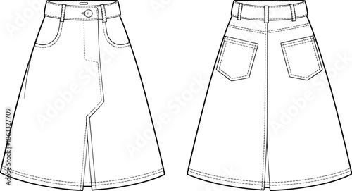 A-line denim skirt technical flat, fashion CAD drawing, front and back view, apparel design template, vector illustration for designers