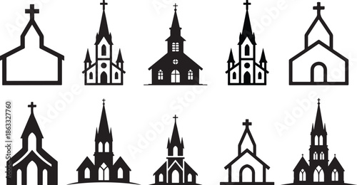 Ten black and white church building with crosses on