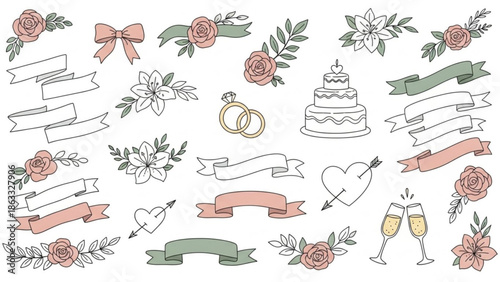 Charming wedding elements with ribbons flowers and champagne