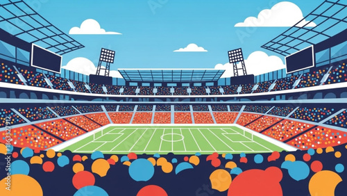 Vibrant soccer stadium with colorful crowd on a sunny day