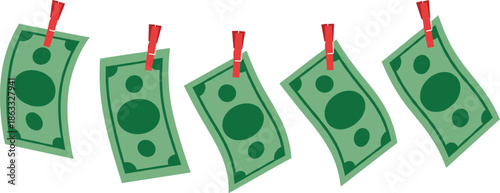 Vector Illustration of Money Laundering Concept with Banknotes Hanging on a Clothesline