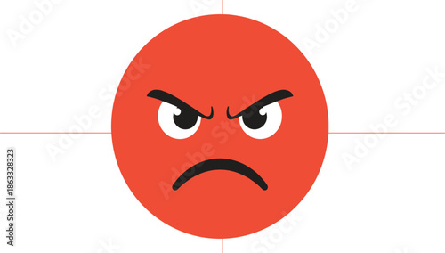 Angry red emoji face, emotional expression, rage icon, furious mood, crosshair target, frustration symbol, digital art, vector illustration